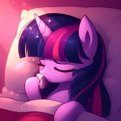 Size: 1024x1024 | Tagged: safe, derpibooru import, machine learning generated, twilight sparkle, twilight sparkle (alicorn), alicorn, ai content, bed, blanket, cold, cute, eyes closed, generator:bing image creator, image, jpeg, nose rub, pillow, prompter:evergreen, sick, sparkles, tissue
