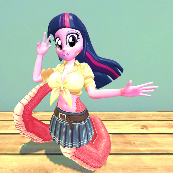 Size: 1080x1080 | Tagged: safe, artist:oatmeal!, derpibooru import, part of a set, twilight sparkle, human, lamia, monster girl, original species, snake, equestria girls, 3d, accessory swap, belly button, breasts, busty twilight sparkle, clothes, costume, fangs, front knot midriff, gmod, halloween, halloween costume, holiday, image, lamiafied, looking at you, midriff, monster, monster musume, open mouth, open smile, png, pose, simple background, skirt, smiling, solo, species swap, tail