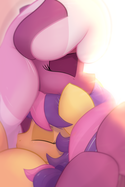 Size: 1448x2160 | Tagged: safe, artist:glutenfree_texmex, derpibooru import, cheerilee, scootaloo, scootaloo (g3), earth pony, pony, g3, derpibooru exclusive, dream, eyes closed, female, g3 to g4, g4, generation leap, hug, image, mlp fim's thirteenth anniversary, nuzzling, png, scootalove, sibling love, siblings, sisterly love, sisters