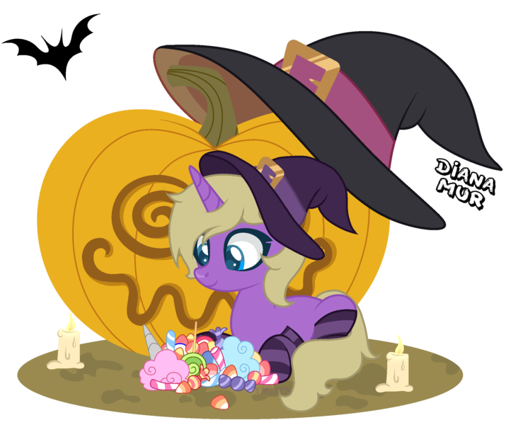 Size: 2130x1788 | Tagged: safe, artist:dianamur, artist:yeetmedownthestairs, derpibooru import, oc, oc:hay meadow, unofficial characters only, bat, pony, unicorn, base used, candle, candy, clothes, commission, cute, female, food, halloween, hat, holiday, image, jack-o-lantern, lying down, mare, png, prone, pumpkin, simple background, socks, solo, striped socks, sweets, transparent background, witch, witch hat, ych result