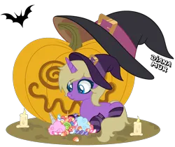 Size: 2130x1788 | Tagged: safe, artist:dianamur, artist:yeetmedownthestairs, derpibooru import, oc, oc:hay meadow, unofficial characters only, bat, pony, unicorn, base used, candle, candy, clothes, commission, cute, female, food, halloween, hat, holiday, image, jack-o-lantern, lying down, mare, png, prone, pumpkin, simple background, socks, solo, striped socks, sweets, transparent background, witch, witch hat, ych result