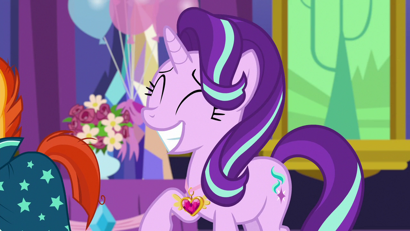 Size: 1280x720 | Tagged: safe, derpibooru import, screencap, starlight glimmer, sunburst, celestial advice, ^^, balloon, eyes closed, grin, image, png, smiling