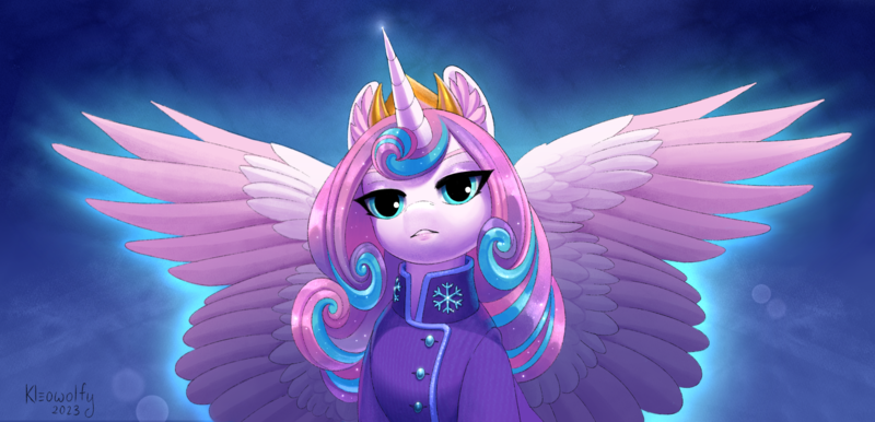 Size: 2678x1292 | Tagged: safe, artist:kleowolfy, derpibooru import, princess flurry heart, alicorn, pony, abstract background, clothes, commission, crown, ear fluff, high res, image, jewelry, lidded eyes, older, older flurry heart, png, regalia, signature, solo, spread wings, uniform, wings