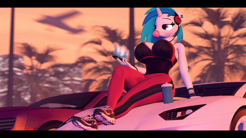 Size: 3840x2160 | Tagged: suggestive, artist:themanwithaquest, derpibooru import, vinyl scratch, anthro, plantigrade anthro, unicorn, 3d, breasts, bubblegum, busty vinyl scratch, car, clothes, female, food, grand theft auto, gum, headphones, horn, image, lidded eyes, mobile phone, outdoors, palm tree, pants, phone, plane, png, shoes, sitting, smartphone, solo, source filmmaker, sunset, tree, vehicle, yoga pants