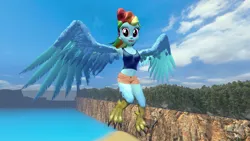 Size: 1920x1080 | Tagged: safe, artist:oatmeal!, derpibooru import, rainbow dash, bird, harpy, human, monster girl, monster pony, original species, equestria girls, 3d, accessory swap, beach, clothes, costume, flying, gmod, halloween, halloween costume, holiday, image, looking at you, midriff, monster, monster musume, ocean, png, shorts, solo, spread wings, tanktop, water, wings
