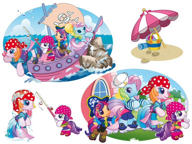 Size: 1024x768 | Tagged: safe, derpibooru import, official, cheerilee (g3), pinkie pie (g3), rainbow dash (g3), scootaloo (g3), starsong, sweetie belle (g3), toola roola, earth pony, pegasus, pony, unicorn, g3, clothes, core seven, female, fishing rod, g3.5, hat, image, jpeg, mare, pirate, pirate hat, pirate outfit, pirate ship, sand, shoes, simple background, smiling, sunglasses, toola-roola, umbrella, wet, white background