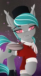 Size: 1047x1915 | Tagged: safe, artist:andaluce, derpibooru import, oc, oc:malachite cluster, bat pony, pony, abstract background, chest fluff, clothes, costume, ear fluff, hat, hock fluff, image, lineless, male, png, scarf, solo, stallion, top hat, traditional clothing