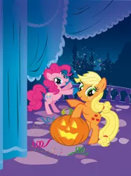 Size: 714x953 | Tagged: safe, derpibooru import, screencap, applejack, pinkie pie, earth pony, pony, animation error, artifact, canterlot castle, confetti, duo, female, freckles, g4, halloween, holiday, image, jack-o-lantern, jpeg, looking at you, mare, missing hat, night, open mouth, open smile, pumpkin, smiling, stock vector