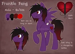 Size: 3200x2300 | Tagged: safe, artist:zeffdakilla, derpibooru import, oc, oc:frankie fang, unofficial characters only, pegasus, pony, amputee, bandage, black mane, emo, image, male, missing wing, obtrusive watermark, png, pronouns, purple fur, raised hoof, reference sheet, severed limb, severed wing, smiling, solo, spread wings, standing, watermark, wings