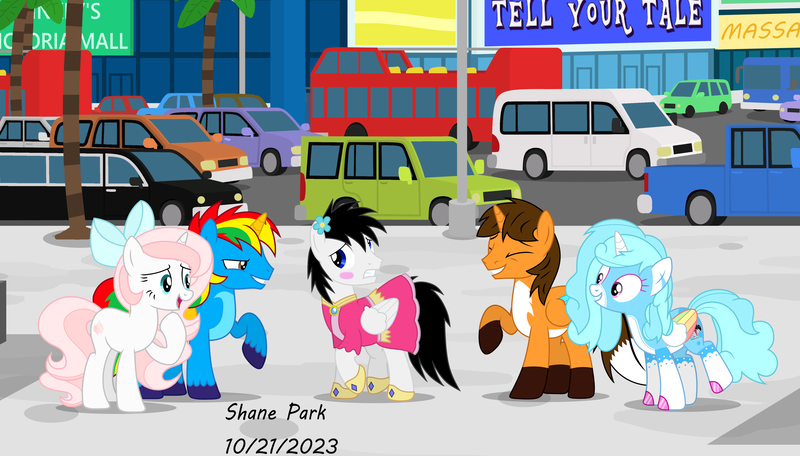 Size: 4035x2302 | Tagged: safe, artist:creedyboy124, derpibooru import, oc, oc:ej, oc:jemima sparkle, oc:shane park, oc:shield wing, oc:sweetheart, alicorn, pegasus, pony, unicorn, car, city, clothes, dress, embarrassed, female, image, laughing, male, png, street