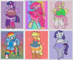 Size: 3747x3094 | Tagged: safe, artist:cosmiccrayons, derpibooru import, applejack, fluttershy, pinkie pie, rainbow dash, rarity, twilight sparkle, alicorn, anthro, earth pony, pegasus, pony, unicorn, ;p, abstract background, bandaid, blush sticker, blushing, book, boots, bracelet, clothes, converse, cutie mark, cutie mark on clothes, ear piercing, eye clipping through hair, eyebrows, eyebrows visible through hair, face paint, female, fingerless gloves, freckles, gloves, gradient background, hat, horn, image, jewelry, kidcore, looking at you, magic, mane six, mare, mary janes, necklace, one eye closed, open mouth, party hat, piercing, png, rainbow, rainbow socks, shoes, skirt, sneakers, socks, sparkles, spread wings, striped socks, sweater, sweatershy, sweatshirt, teeth, tongue out, white socks, wings, wink, winking at you