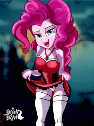 Size: 1772x2364 | Tagged: suggestive, artist:bronybran, derpibooru import, pinkie pie, human, undead, vampire, equestria girls, breasts, busty pinkie pie, cameltoe, clothes, costume, fangs, female, halloween, halloween costume, holiday, image, jpeg, open mouth, open smile, panties, sexy, skirt, skirt lift, smiling, solo, underwear