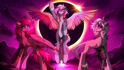 Size: 4000x2250 | Tagged: safe, artist:chamommile, derpibooru import, oc, oc:black cherry, oc:opaline, oc:skye setter, unofficial characters only, pegasus, pony, unicorn, colored wings, ear fluff, eyes closed, horn, image, looking at you, mountain, pegasus oc, png, ponytail, red mane, red skin, sun, tail, trio, two toned hair, two toned mane, two toned tail, two toned wings, unicorn oc, wings