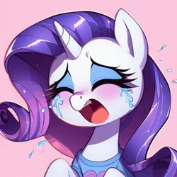 Size: 1024x1024 | Tagged: safe, derpibooru import, machine learning generated, rarity, ai content, blushing, cartoon, clothes, colored, crying, generator:bing image creator, image, jpeg, open mouh, pink background, prompter:evergreen, sad, shirt, simple background, t-shirt
