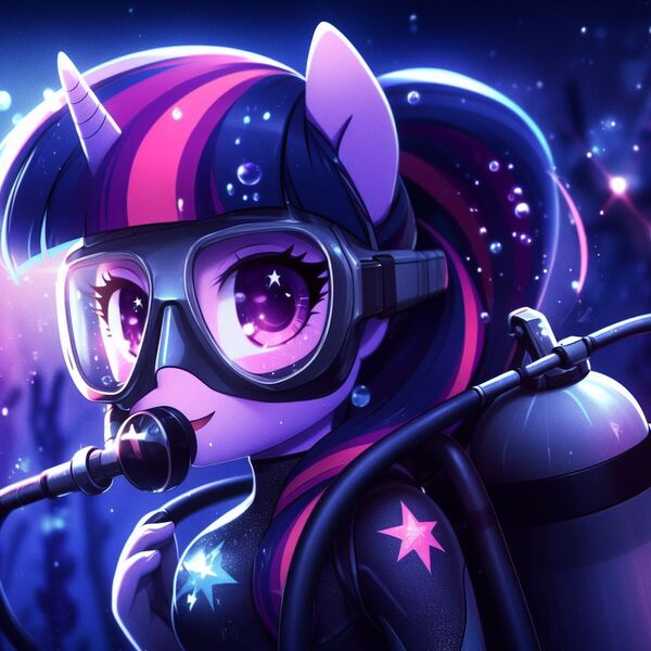 Size: 1024x1024 | Tagged: safe, derpibooru import, machine learning generated, twilight sparkle, human, equestria girls, ai content, air tank, clothes, dive mask, generator:bing image creator, goggles, image, jpeg, oxygen tank, scuba gear, scuba tank, underwear, wetsuit