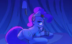 Size: 1113x680 | Tagged: suggestive, artist:vultraz, ponerpics import, pinkie pie, earth pony, pony, butt, clothes, dreamcatcher, female, headband, image, looking at you, looking back, looking back at you, mare, pinktober, png, sitting, solo, tent