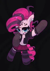 Size: 2000x2836 | Tagged: suggestive, artist:vultraz, ponerpics import, pinkie pie, earth pony, pony, clothes, ear piercing, earring, eyeshadow, female, fishnets, goth, image, jacket, jewelry, makeup, mare, piercing, pinktober, png, simple background, skirt, socks, solo, tongue out