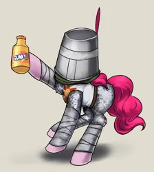 Size: 2000x2228 | Tagged: safe, artist:vultraz, ponerpics import, pinkie pie, princess celestia, earth pony, pony, bucket, clothes, duct tape, female, holding, image, mare, pinktober, png, praise the sun, solaire of astora, solo, sunny d, tape, tin foil