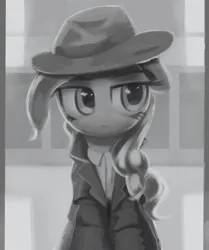 Size: 2000x2393 | Tagged: safe, artist:vultraz, ponerpics import, pinkie pie, earth pony, pony, clothes, duster, female, hat, image, jpeg, mare, monochrome, pinktober, solo