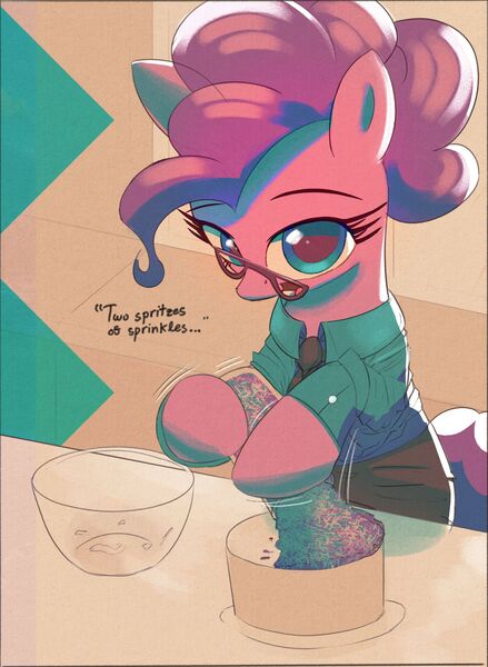 Size: 1736x2373 | Tagged: safe, artist:vultraz, ponerpics import, pinkie pie, earth pony, pony, alternate hairstyle, cake, clothes, dialogue, female, food, glasses, image, jpeg, limited palette, mare, necktie, pinktober, shirt, skirt, solo, sprinkles, text