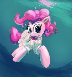 Size: 2000x2137 | Tagged: safe, artist:vultraz, ponerpics import, pinkie pie, earth pony, pony, clothes, dress, ear piercing, earring, female, image, jewelry, mare, ocean, piercing, pinktober, png, solo, swimming, underwater