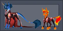 Size: 4916x2423 | Tagged: safe, artist:parrpitched, derpibooru import, oc, oc:fireheart(fire), oc:queen lunaris, alicorn, bat pony, concave belly, fireheart76's latex suit design, height difference, image, latex, latex suit, png, prisoners of the moon, reference sheet, rubber, rubber suit