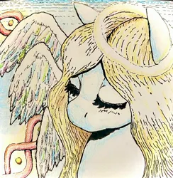 Size: 2522x2589 | Tagged: safe, artist:gorebox, derpibooru import, oc, unnamed oc, angel, biblically accurate angels, blonde mane, colored pencil drawing, halo, image, ink drawing, inktober 2023, jpeg, traditional art, wings