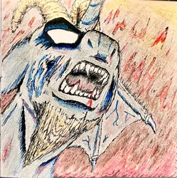 Size: 2036x2048 | Tagged: semi-grimdark, derpibooru import, oc, unnamed oc, demon, demon pony, original species, bat wings, blood, colored pencil drawing, facial hair, fire, goatee, horns, image, ink drawing, jpeg, rage, traditional art, wings