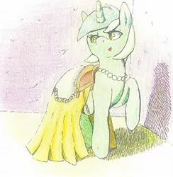 Size: 2000x2048 | Tagged: safe, artist:gorebox, derpibooru import, lyra heartstrings, clothes, colored pencil drawing, dress, image, ink drawing, inktober 2023, jewelry, jpeg, necklace, pearl necklace, saddle, tack, traditional art