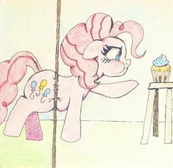 Size: 2048x1990 | Tagged: safe, artist:gorebox, derpibooru import, pinkie pie, earth pony, colored pencil drawing, cupcake, fat, food, hole in the wall, image, ink drawing, inktober 2023, jpeg, plump, solo, stuck, teary eyes, traditional art