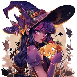 Size: 900x900 | Tagged: safe, artist:cabbage-arts, derpibooru import, twilight sparkle, human, bust, halloween, hat, holiday, humanized, image, jack-o-lantern, moderate dark skin, png, pumpkin, solo, witch, witch hat