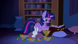 Size: 1920x1080 | Tagged: safe, derpibooru import, screencap, angel bunny, twilight sparkle, twilight sparkle (alicorn), alicorn, castle mane-ia, ^^, belly, book, bookshelf, carrot, castle of the royal pony sisters, cup, diary, eyes closed, food, g4, goblet, image, implied stuffing, indoors, lidded eyes, lying down, pillow, png, prone, stuffed belly