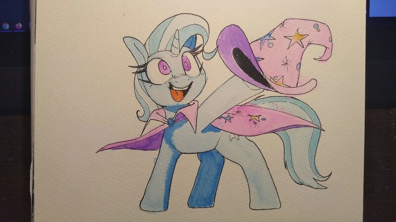 Size: 3264x1836 | Tagged: safe, artist:lockheart, derpibooru import, trixie, pony, unicorn, female, hat off, hoof hold, image, jpeg, mare, open mouth, open smile, smiling, solo, traditional art, watercolor painting
