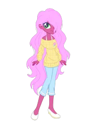 Size: 2048x2732 | Tagged: safe, artist:ocean-drop, derpibooru import, oc, oc:cotton candy (ocean-drop), unofficial characters only, human, equestria girls, clothes, denim, female, hair over one eye, image, jeans, long hair, off shoulder, off shoulder sweater, offspring, pants, parent:cheese sandwich, parent:pinkie pie, parents:cheesepie, png, shoes, simple background, smiling, solo, sweater, transparent background