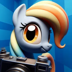Size: 1024x1024 | Tagged: safe, derpibooru import, machine learning generated, derpy hooves, pegasus, pony, 3d, ai content, blue background, camera, camera shot, grin, happy, image, jpeg, looking at something, looking at you, simple background, smiling, solo, standing, stare, turned head