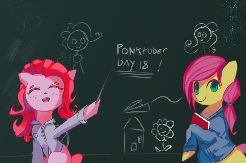 Size: 3623x2399 | Tagged: safe, artist:solid shrimp, derpibooru import, fluttershy, pinkie pie, earth pony, pegasus, pony, alternate hairstyle, book, chalkboard, duo, eyes closed, female, hoof hold, image, jpeg, looking at you, magnetic hooves, mare, open mouth, open smile, pinktober, pointer, smiling, smiling at you