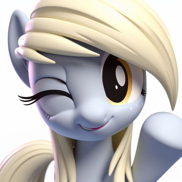 Size: 1024x1024 | Tagged: safe, derpibooru import, machine learning generated, derpy hooves, pegasus, pony, 3d, ai content, blinking, grin, happy, image, jpeg, looking at something, looking at you, raised hoof, simple background, smiling, solo, stare, white background