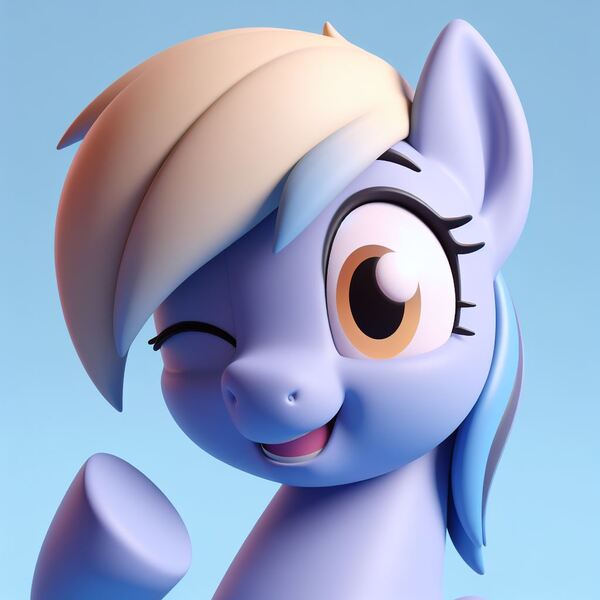 Size: 1024x1024 | Tagged: safe, derpibooru import, machine learning generated, derpy hooves, pegasus, pony, 3d, ai content, blinking, blue background, eyebrows, grin, happy, image, jpeg, looking at something, looking at you, open mouth, open smile, raised eyebrow, raised hoof, simple background, smiling, solo