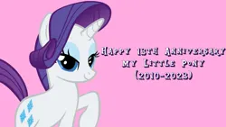 Size: 1920x1080 | Tagged: safe, artist:andoanimalia, derpibooru import, edit, editor:jaredking779, rarity, pony, unicorn, female, image, jpeg, mare, mlp fim's thirteenth anniversary, pink background, rarity pose, simple background, solo