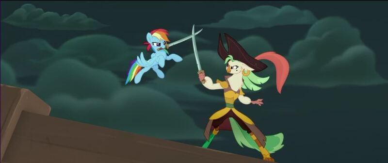 Size: 855x359 | Tagged: safe, derpibooru import, screencap, captain celaeno, rainbow dash, anthro, bird, parrot, parrot pirates, pegasus, pony, my little pony: the movie, airship, cloud, cloudy, fight, flying, hat, image, jpeg, pegasus wings, pirate, pirate hat, pirate ship, raised hoof, side view, sword, sword fight, theater, weapon, wings