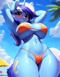 Size: 800x1024 | Tagged: suggestive, derpibooru import, machine learning generated, stable diffusion, minuette, anthro, ai content, arm behind head, armpits, beach, beautiful, belly button, big breasts, bikini, blushing, breasts, busty minuette, clothes, cute, generator:purplesmart.ai, grin, huge breasts, image, jpeg, looking at you, low angle, messy mane, prompter:diego96, sky, smiling, solo, standing, swimsuit, thighs