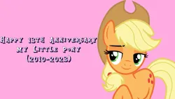 Size: 1920x1080 | Tagged: safe, artist:cloudy glow, derpibooru import, edit, editor:jaredking779, applejack, earth pony, pony, cowboy hat, female, hat, image, jpeg, mare, mlp fim's thirteenth anniversary, pink background, simple background, smiling, solo, stetson