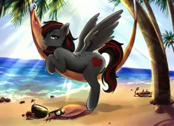 Size: 3000x2171 | Tagged: safe, artist:raranfa, derpibooru import, oc, oc:se solar eclipse, crab, pegasus, beach, coconut cup, hammock, image, jpeg, looking at you, lying down, ocean, palm tree, solo, spread wings, summer, sunglasses, tree, water, wings