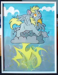 Size: 2713x3490 | Tagged: safe, artist:cutepencilcase, derpibooru import, derpy hooves, pegasus, pony, cloud, image, jpeg, lightning, on a cloud, solo, tongue out