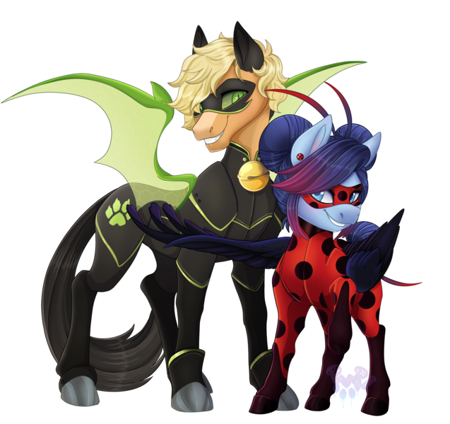 Size: 4553x4286 | Tagged: safe, artist:pvrii, derpibooru import, ponified, pegasus, pony, adrien agreste, bell, cat bell, chat noir, duo, duo male and female, ear piercing, earring, female, image, jewelry, ladybug (miraculous ladybug), male, marinette dupain-cheng, miraculous ladybug, piercing, png, simple background, transparent background