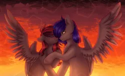 Size: 2364x1443 | Tagged: safe, artist:rena, derpibooru import, oc, oc:mb midnight breeze, oc:se solar eclipse, pegasus, pony, abstract background, couple, eyes closed, image, in love, looking at each other, looking at someone, pegasus oc, png, pony oc, smiling, smiling at each other, spread wings, wings