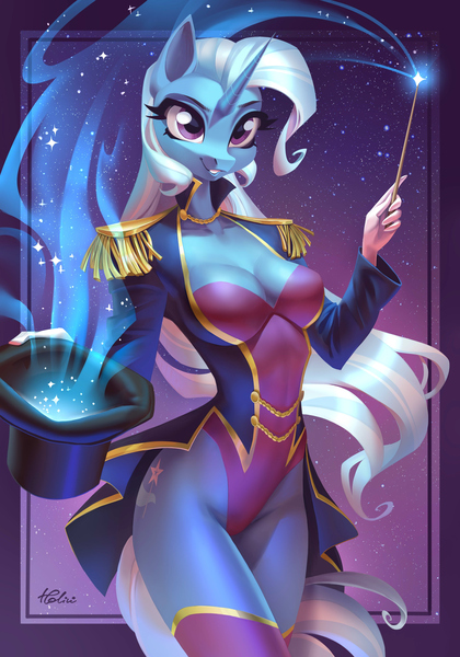Size: 2867x4096 | Tagged: suggestive, artist:holivi, derpibooru import, edit, trixie, anthro, horse, pony, unguligrade anthro, unicorn, equestria girls, equestria girls series, street magic with trixie, spoiler:eqg series (season 2), beautiful, breasts, busty trixie, cleavage, clothes, costume, cute, diatrixes, epaulettes, equestria girls outfit, fanart, female, hat, high-cut clothing, hoers, image, jpeg, leotard, looking at you, magic, magic act, magic aura, magic wand, magician outfit, mare, redraw, sexy, simple background, skinny, smiling, socks, solo, starry background, stockings, stupid sexy trixie, thigh highs, top hat, wand, zettai ryouiki