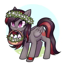 Size: 2600x2584 | Tagged: safe, artist:sch4, derpibooru import, oc, oc:se solar eclipse, unofficial characters only, pegasus, pony, basket, easter, easter basket, easter egg, eye clipping through hair, floral head wreath, flower, folded wings, holiday, image, mouth hold, pegasus oc, png, pony oc, simple background, solo, standing, watch, white background, wings, wristwatch