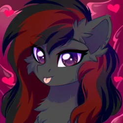 Size: 2500x2500 | Tagged: safe, artist:leah minik, derpibooru import, oc, oc:se solar eclipse, unofficial characters only, pegasus, pony, :p, bust, cheek fluff, chest fluff, ear fluff, eye clipping through hair, floating heart, heart, image, looking at you, pegasus oc, png, pony oc, portrait, profile picture, simple background, smiling, solo, tongue out, wings