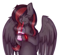 Size: 1205x1127 | Tagged: safe, artist:rena, derpibooru import, oc, oc:se solar eclipse, unofficial characters only, pegasus, pony, bubble tea, drink, drinking, enjoying, eyes closed, image, pegasus oc, png, pony oc, smiling, solo, spread wings, standing on two hooves, straw, straw in mouth, wings